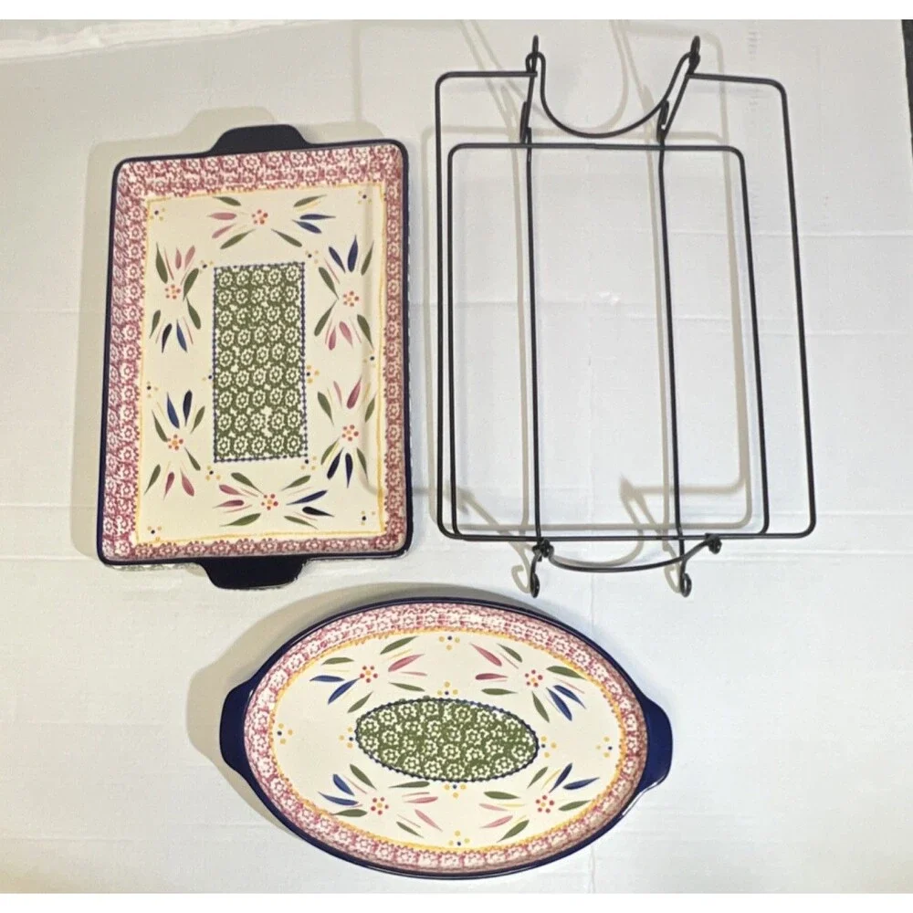 Temptations Old World Hand Painted Ceramic Platters Ovenwear Set w/ Metal Racks
